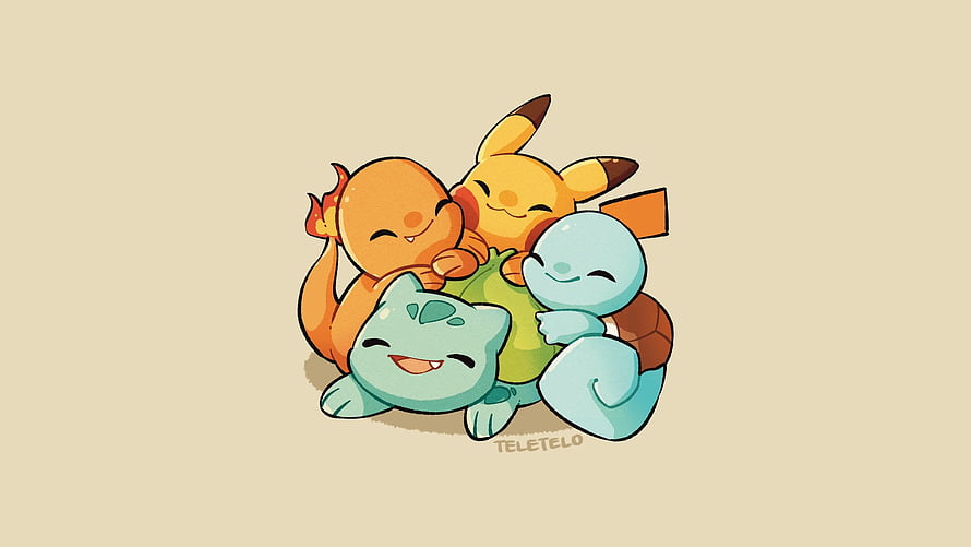 Cute Chibi Pikachu Bulbasaur Squirtle and Charmander Group Hug Illustration HD wallpaper