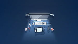 Minimalist Flat Design Illustration of a Modern Computer Workspace with Desk Accessories HD wallpaper