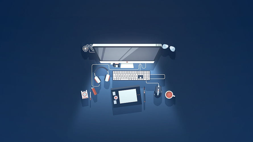 Minimalist Flat Design Illustration of a Modern Computer Workspace with Desk Accessories HD wallpaper