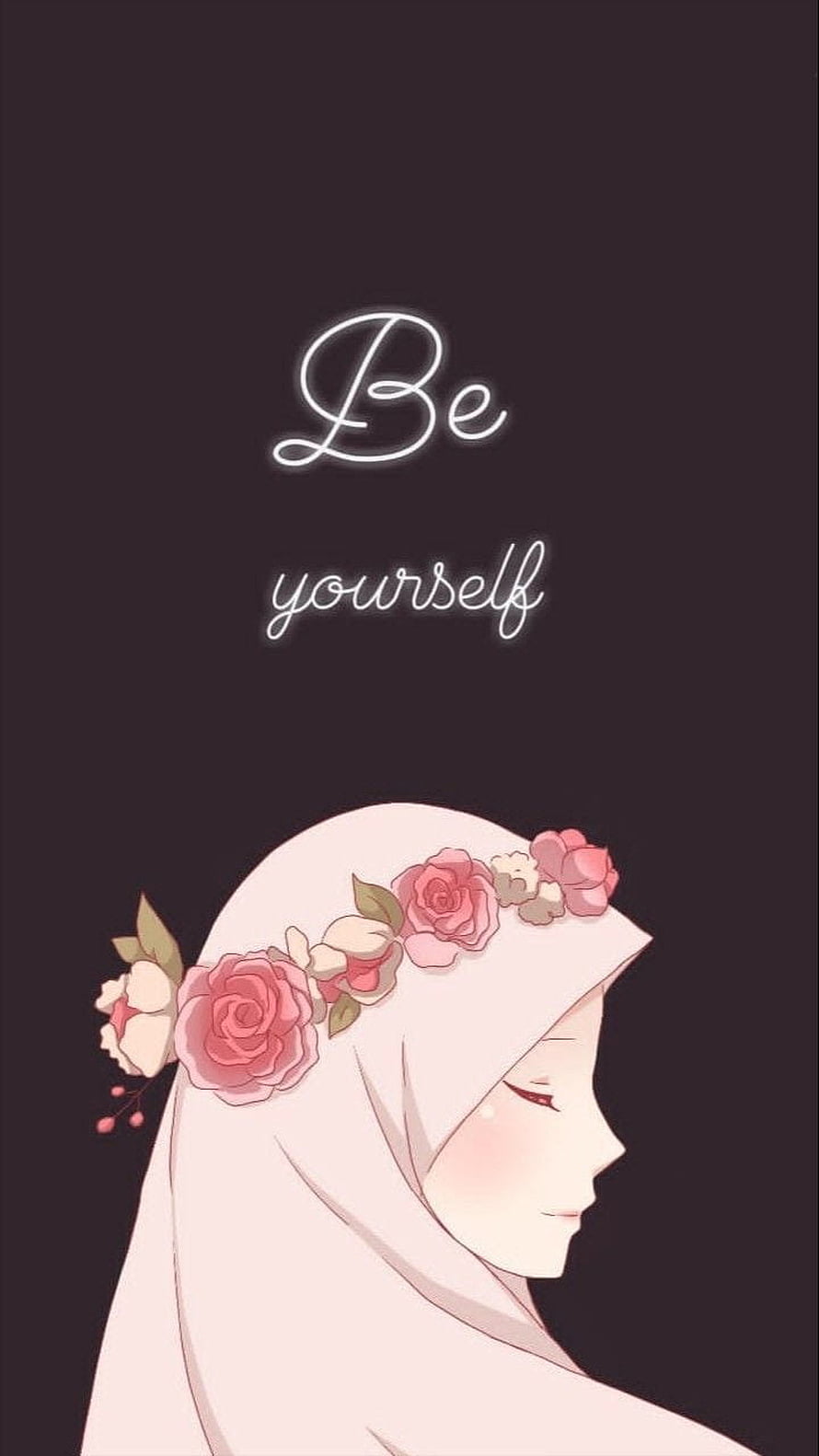 Anime Muslim Girl in Floral Hijab with Be Yourself Quote on Dark Background HD phone wallpaper