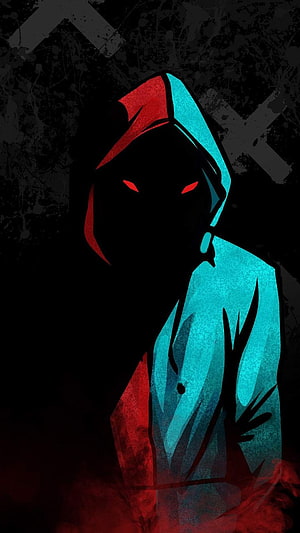 Dark Hooded Figure with Glowing Red Eyes and Cyan Jacket on Black Background HD phone wallpaper