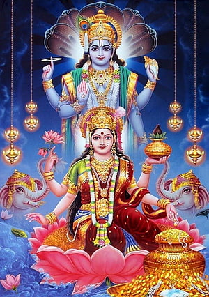 Lakshmi Narayan Divine Artwork with Ganesha and Golden Pot of Wealth HD phone wallpaper