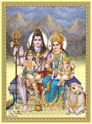 Shiv Parivar Family Portrait with Ganesha and Nandi in Traditional Indian Art Style HD phone wallpaper