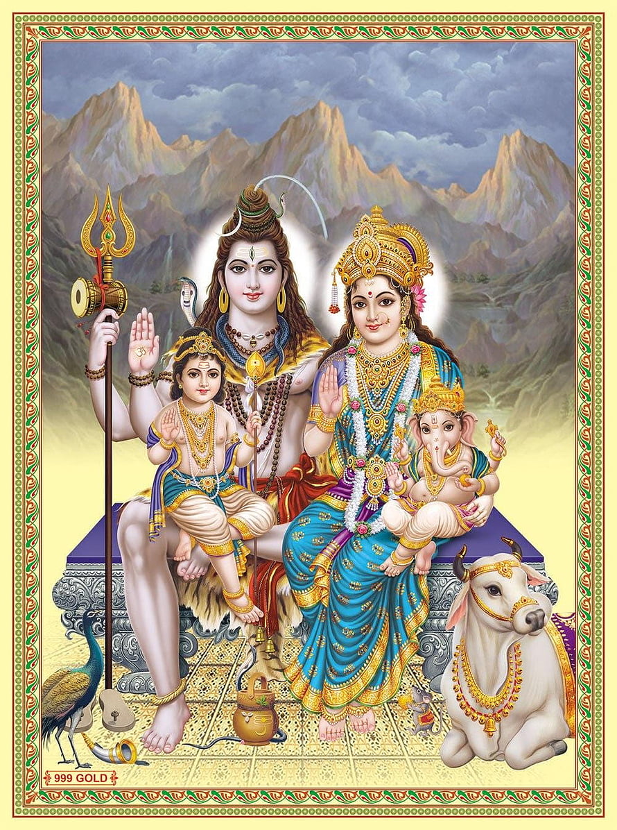 Shiv Parivar Family Portrait with Ganesha and Nandi in Traditional Indian Art Style HD phone wallpaper