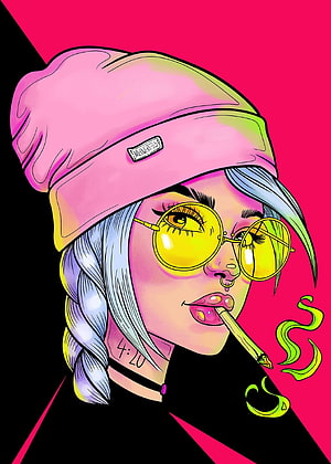 Stylized Pop Art Portrait of a Woman with Beanie and Yellow Sunglasses Smoking a Joint HD phone wallpaper