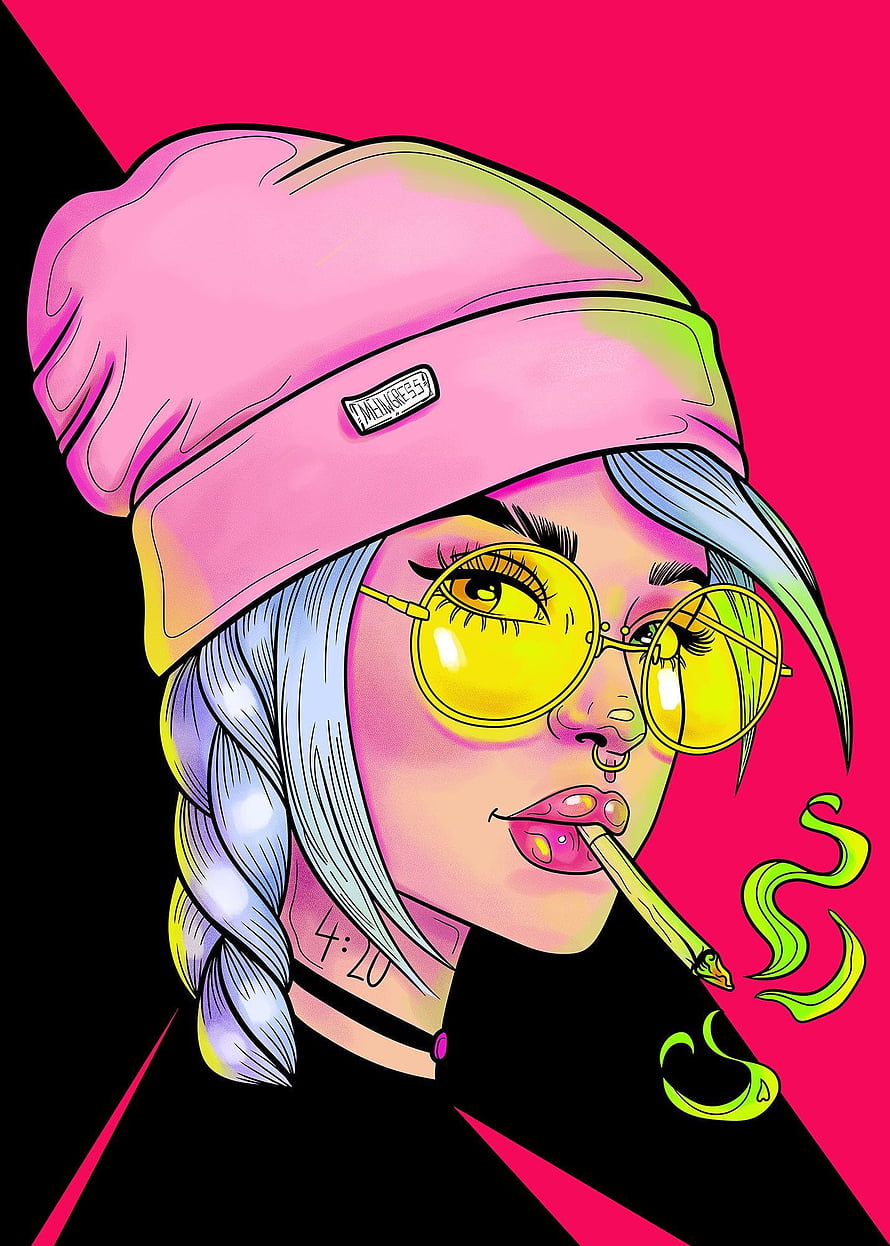 Stylized Pop Art Portrait of a Woman with Beanie and Yellow Sunglasses Smoking a Joint HD phone wallpaper