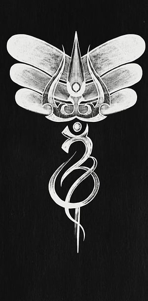 Mahadev Om Trishul Sacred Symbol with Ornate Wings and Calligraphic Script on Black Background HD phone wallpaper
