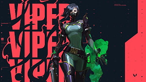 Viper from Valorant in tactical green suit with glowing toxic energy and bold red typography HD wallpaper