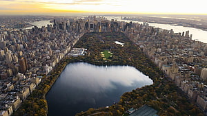 Aerial View of Central Park and the Manhattan Skyline at Golden Hour HD wallpaper