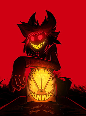 Alastor from Hazbin Hotel Leaning on Glowing Radio with Red Background HD phone wallpaper