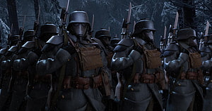 Death Korps of Krieg Soldiers Marching Through Snowy Forest in Warhammer 40k HD wallpaper
