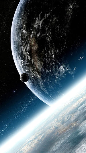 Earth and Moon from Space with Bright Atmospheric Horizon and Distant Satellite HD phone wallpaper