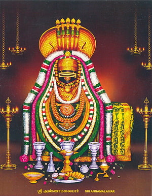 Sri Annamalaiyar Temple Deity Portrait with Traditional Offerings and Oil Lamps HD phone wallpaper