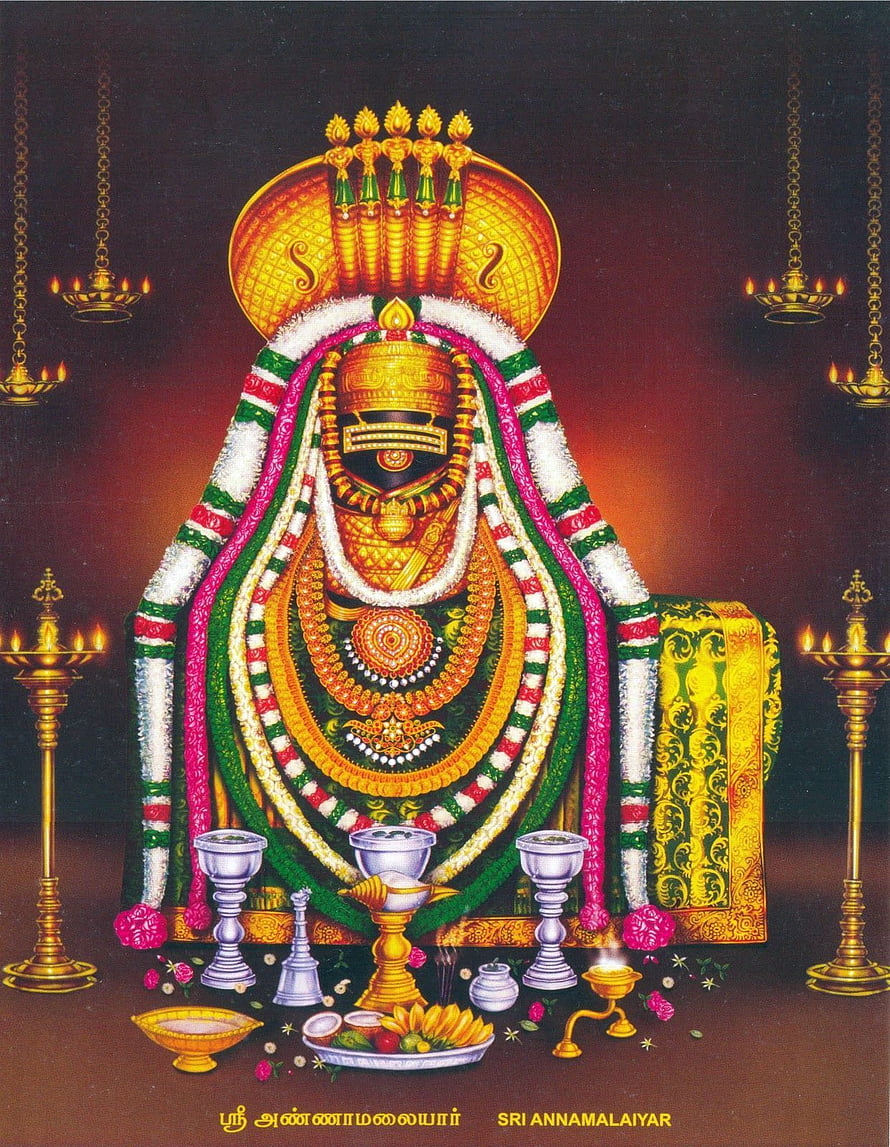 Sri Annamalaiyar Temple Deity Portrait with Traditional Offerings and Oil Lamps HD phone wallpaper