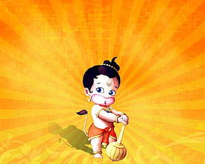 Cute Cartoon Baby Hanuman Holding Mace on Golden Sunburst Background, Bal Hanuman, cartoon hanuman HD wallpaper
