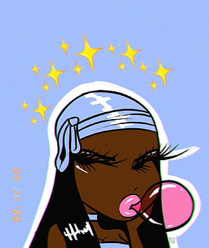 Stylized illustration of a dark-skinned girl with a bandana blowing a pink bubblegum bubble against a blue background with yellow stars HD phone wallpaper