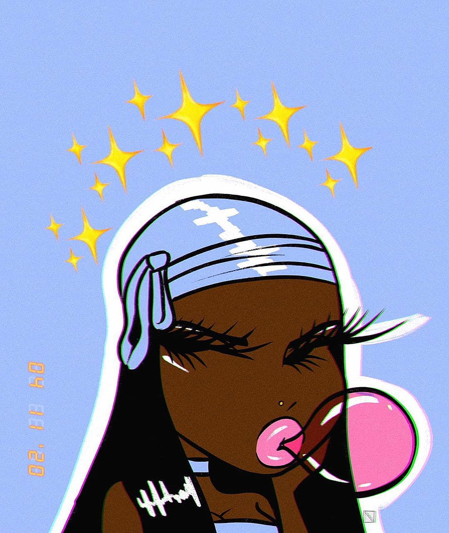 Stylized illustration of a dark-skinned girl with a bandana blowing a pink bubblegum bubble against a blue background with yellow stars HD phone wallpaper
