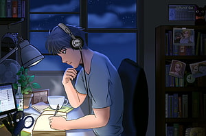 Anime Boy Wearing Headphones Writing in a Notebook at a Desk During the Night HD wallpaper
