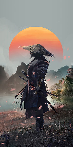 Lone Samurai in Sekiro Style Standing in Misty Japanese Landscape at Sunset HD phone wallpaper