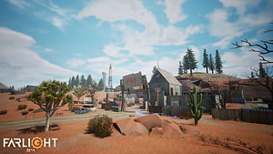 Farlight 84 Desert Outpost Scene with Rusty Buildings and Cacti Under Blue Sky HD wallpaper