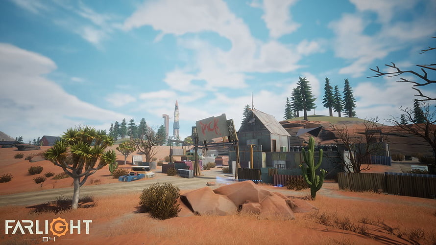 Farlight 84 Desert Outpost Scene with Rusty Buildings and Cacti Under Blue Sky HD wallpaper