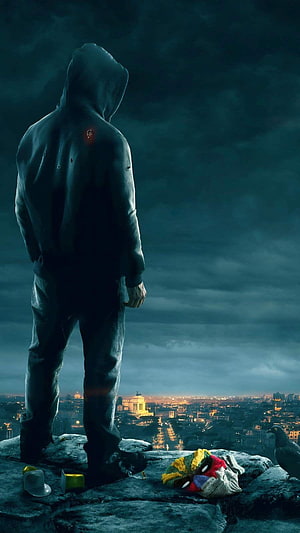 Hooded Figure Overlooking Paris at Night with Knitted Mask HD phone wallpaper