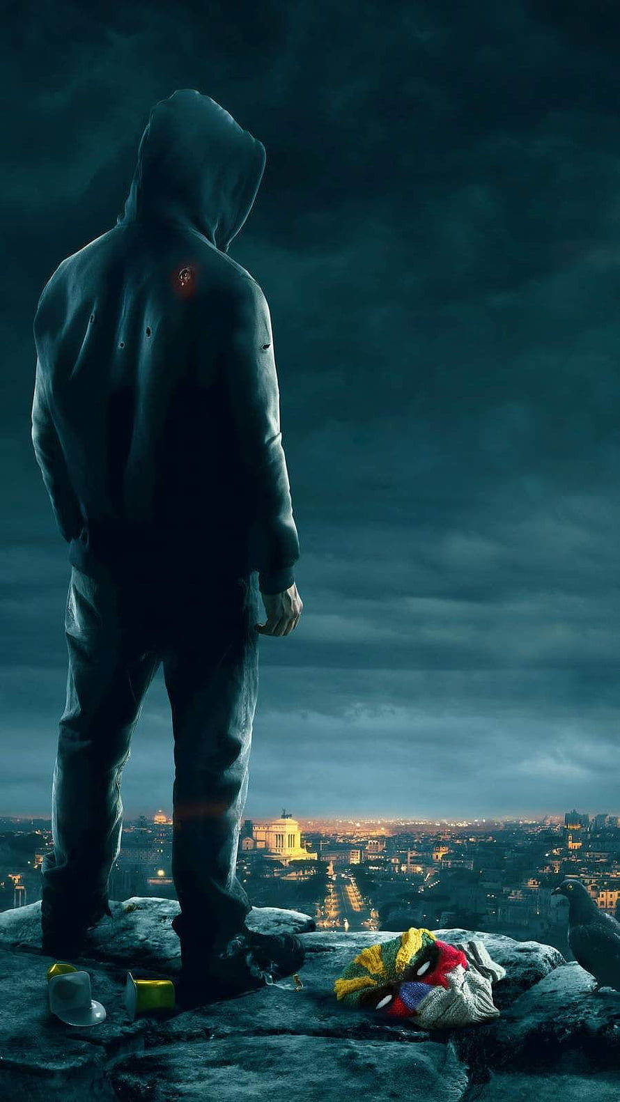 Hooded Figure Overlooking Paris at Night with Knitted Mask HD phone wallpaper