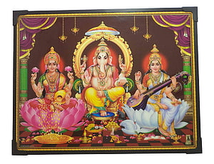Lord Ganesha, Lakshmi, and Saraswati Traditional Indian Deity Painting HD wallpaper