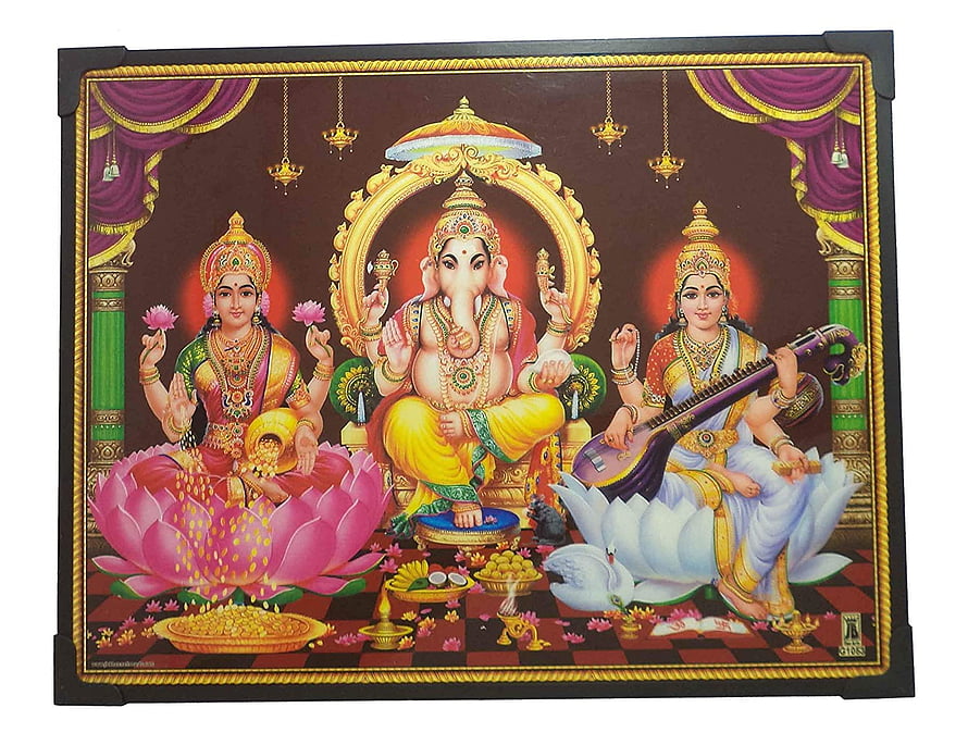 Lord Ganesha, Lakshmi, and Saraswati Traditional Indian Deity Painting HD wallpaper
