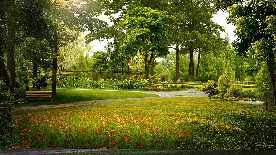 Sunlit Garden Park With Winding Path, Lush Green Trees, and Vibrant Flower Beds HD wallpaper