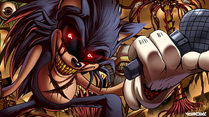 Sonic.exe Horror Character with Glowing Red Eyes and Grinning Face in Dark Fantasy Art HD wallpaper