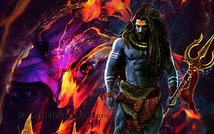 Lord Shiva with Trishula and Cosmic Bull in Fiery Digital Art HD wallpaper