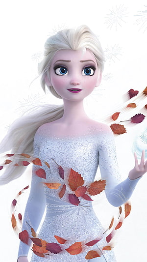 Elsa from Frozen in Sparkling Ice Gown with Swirling Autumn Leaves and Snowflakes HD phone wallpaper