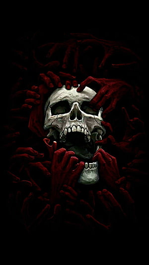 Dark Skull Surrounded by Red Hands in Black Background HD phone wallpaper
