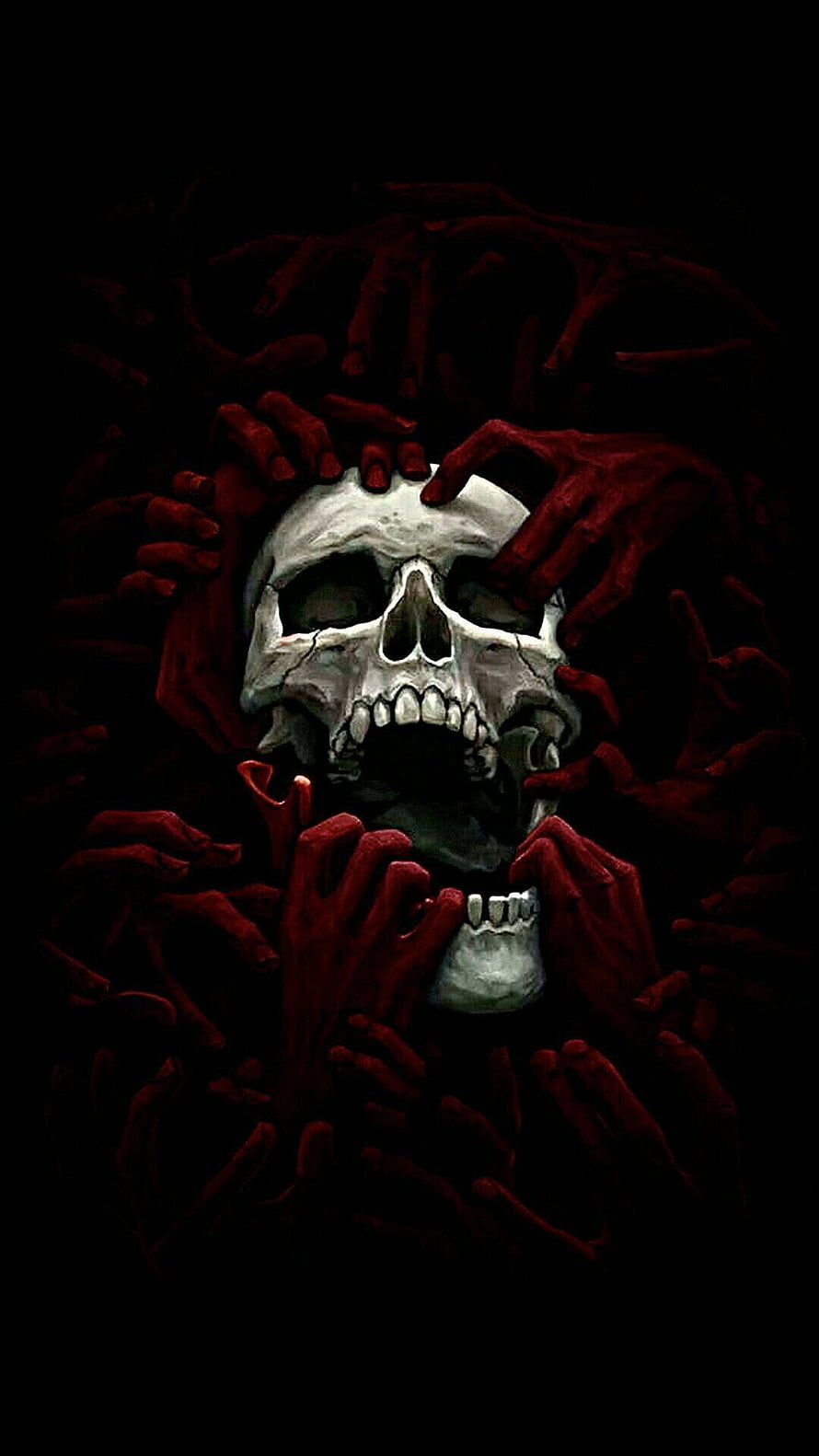 Dark Skull Surrounded by Red Hands in Black Background HD phone wallpaper