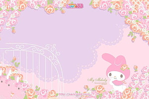 My Melody Sanrio Character in a Pastel Floral Garden with Rose Border and Lace Accents HD wallpaper