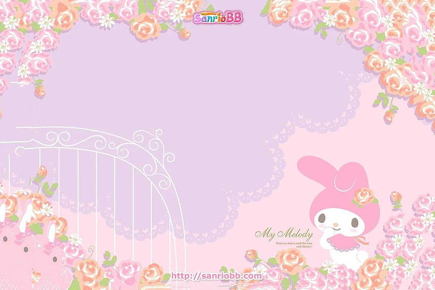 My Melody Sanrio Character in a Pastel Floral Garden with Rose Border and Lace Accents HD wallpaper