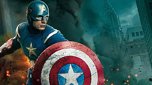 Captain America Holding Shield Amidst Urban Destruction and Smoke HD wallpaper
