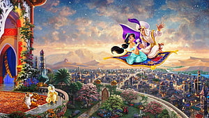 Aladdin and Jasmine Flying on Magic Carpet Over Agrabah at Sunset HD wallpaper