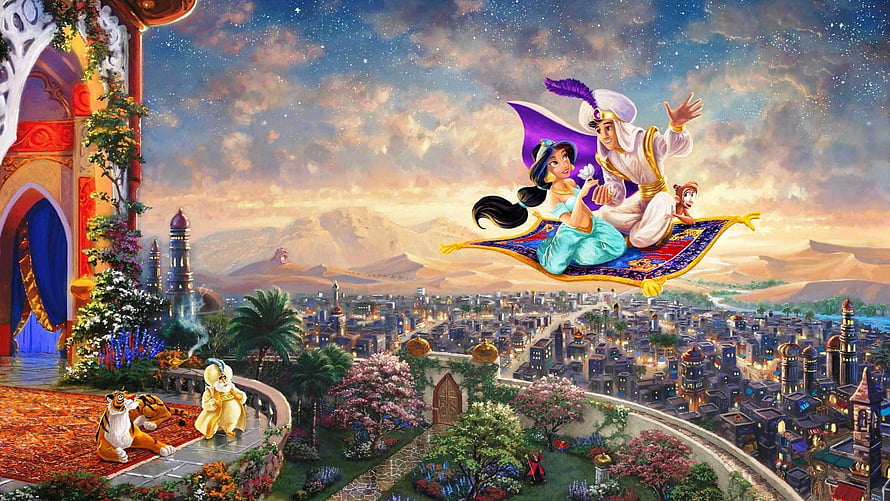 Aladdin and Jasmine Flying on Magic Carpet Over Agrabah at Sunset HD wallpaper