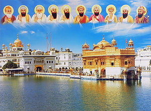Golden Temple in Amritsar with Portraits of the Ten Sikh Gurus HD wallpaper