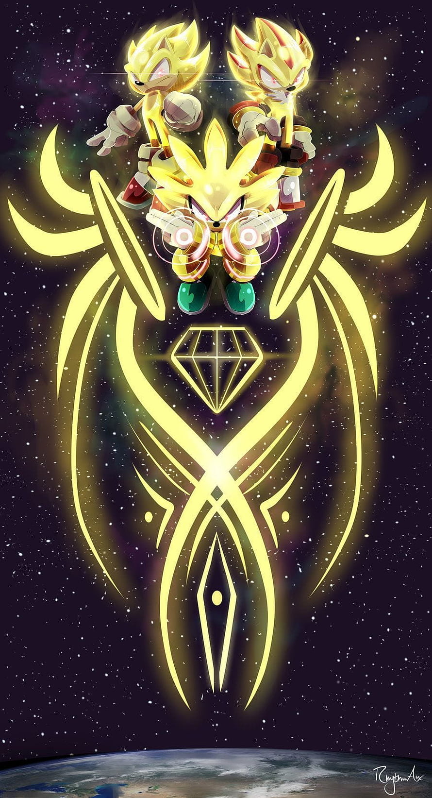 Super Sonic, Super Silver, and Super Shadow Floating Above Earth in Cosmic Space HD phone wallpaper