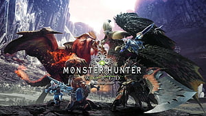 Monster Hunter World Key Art Featuring Hunters and Giant Monsters in Epic Fantasy Battle Scene HD wallpaper