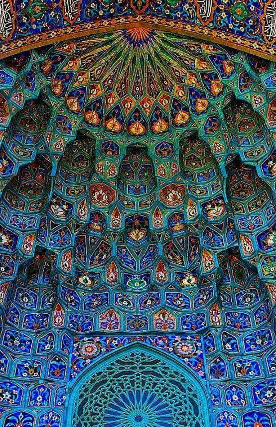 Intricate Blue Tilework and Geometric Patterns of the Shah Mosque Dome in Isfahan, Iran HD phone wallpaper
