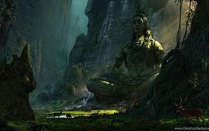 Lord Shiva Meditating in a Misty Jungle with Waterfalls and Deer HD wallpaper