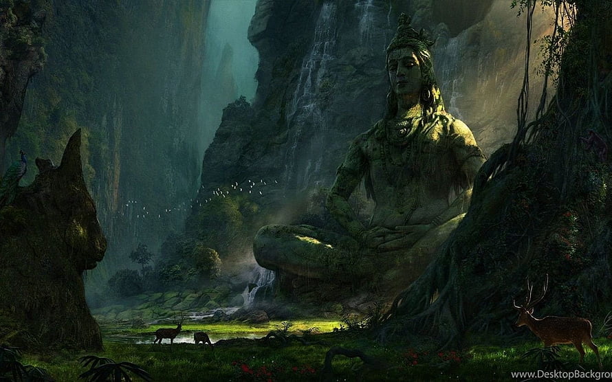 Lord Shiva Meditating in a Misty Jungle with Waterfalls and Deer HD wallpaper