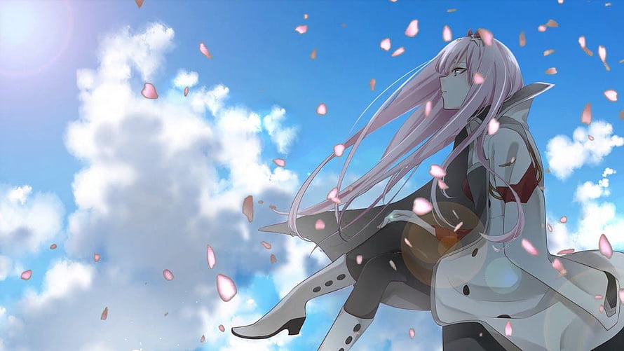 Zero Two anime character with long pink hair and white coat under a blue sky with falling petals HD wallpaper