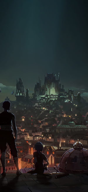 Jinx and Vi overlooking the sprawling city of Zaun in Arcane League of Legends HD phone wallpaper