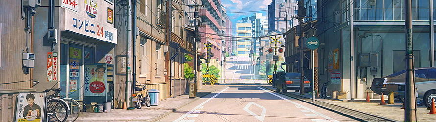 Sunny Japanese Neighborhood Street Scene With Convenience Store And Parked Cars HD wallpaper