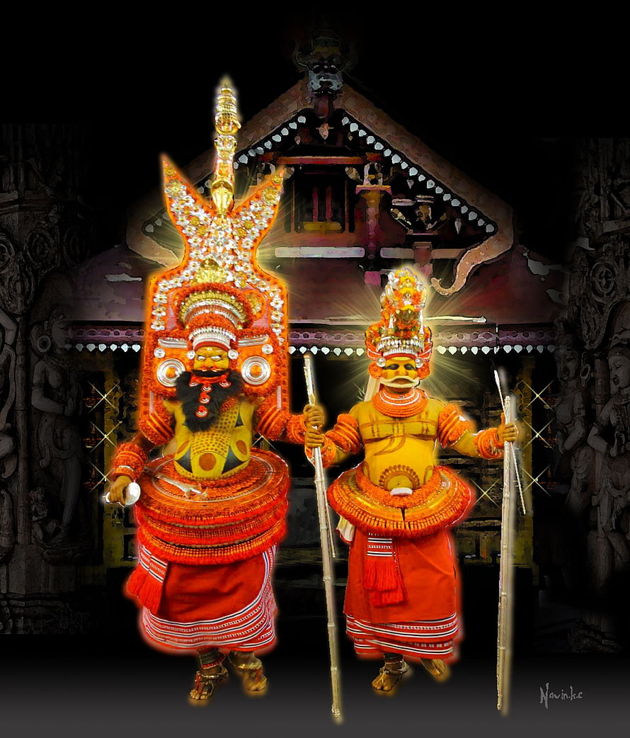 Muthappan Traditional Temple Dance Performers in Vibrant Orange and Gold Costumes HD phone wallpaper